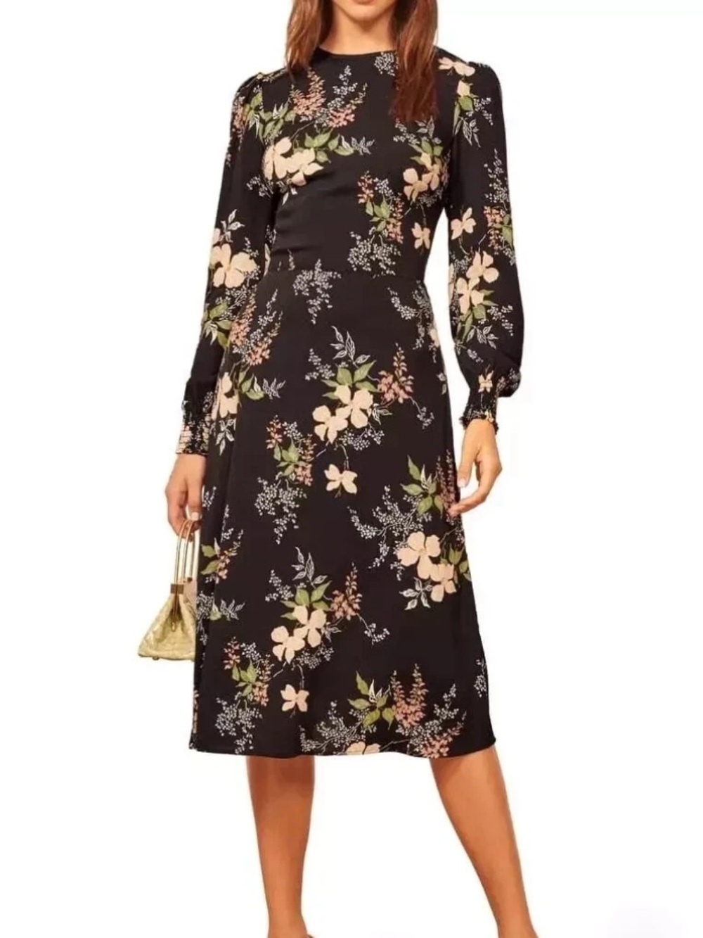 Reformation Black Floral Kellan Midi Dress Long Sleeve Smocked Cuffs Size 8